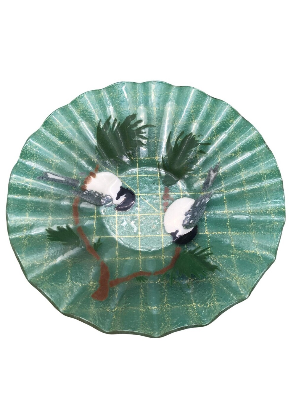 Green Fused Glass Woodland Bird Plate Fluted Collector Art Decor Home Display